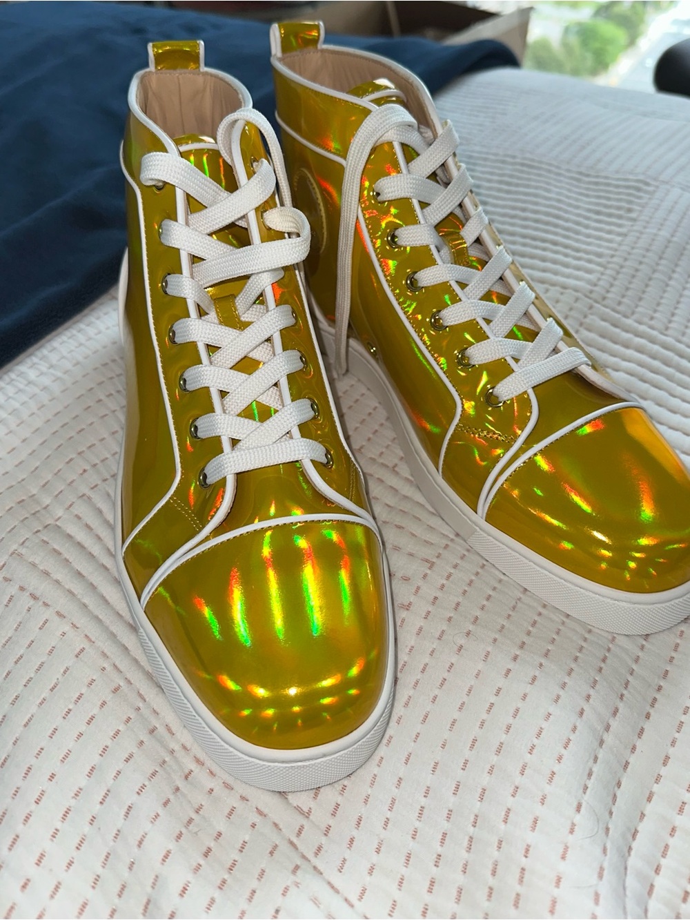 Christian Louboutin Iridescent Yellow High-Top Sneakers with White Trim